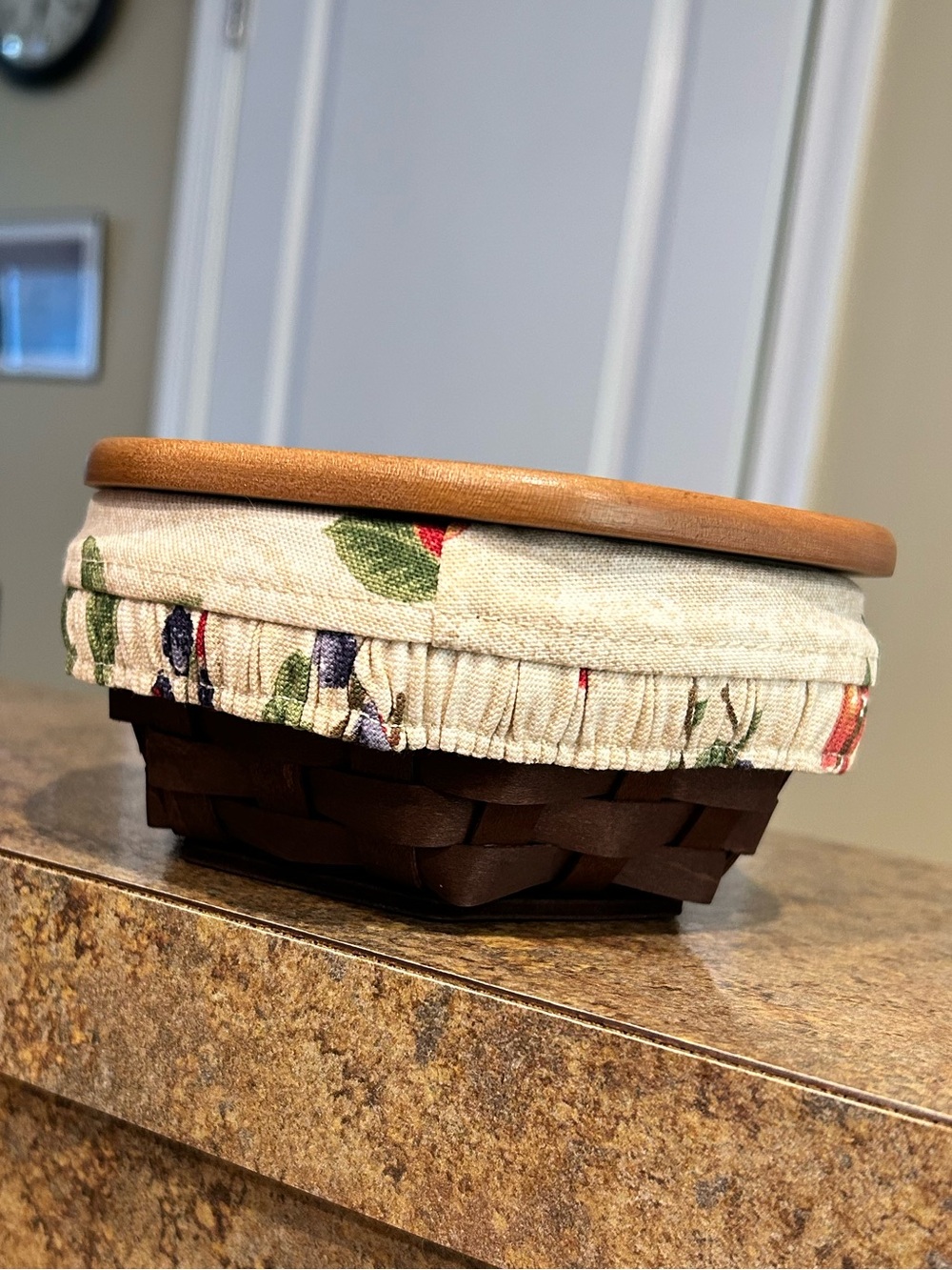 Longaberger Brown Woven Basket with Floral Fabric Liner and Wood Lid